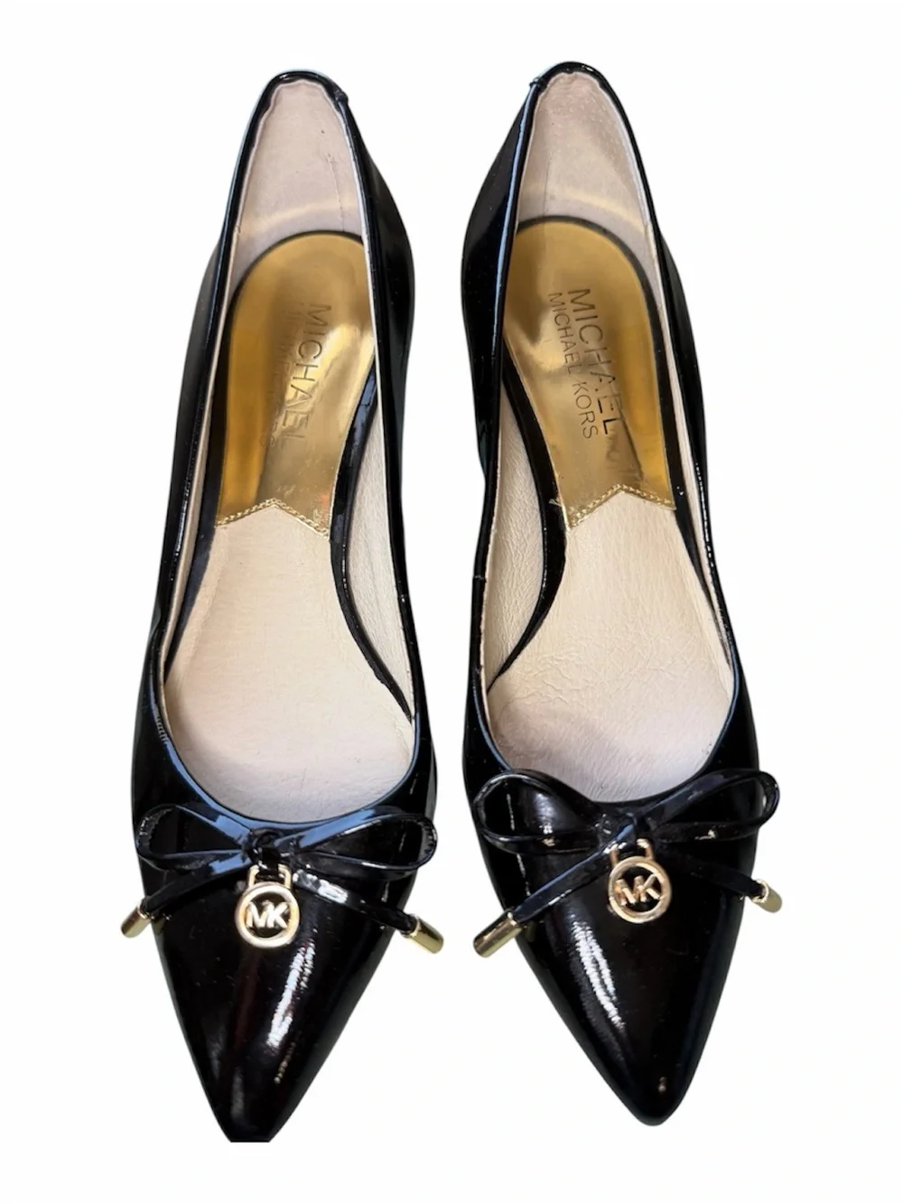 MICHAEL Michael Kors Black Patent Pointed-Toe Pumps with Bow and Logo Charm